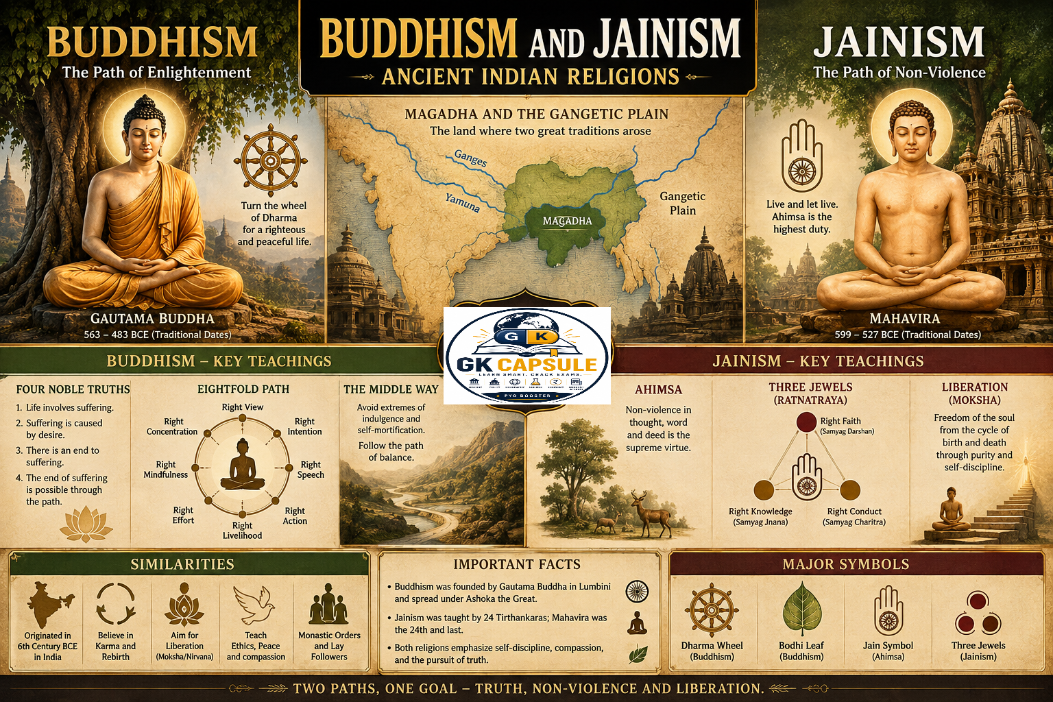 Buddhism and Jainism Infographic Guide - Gautama Buddha, Mahavira, Four Noble Truths & Five Vows