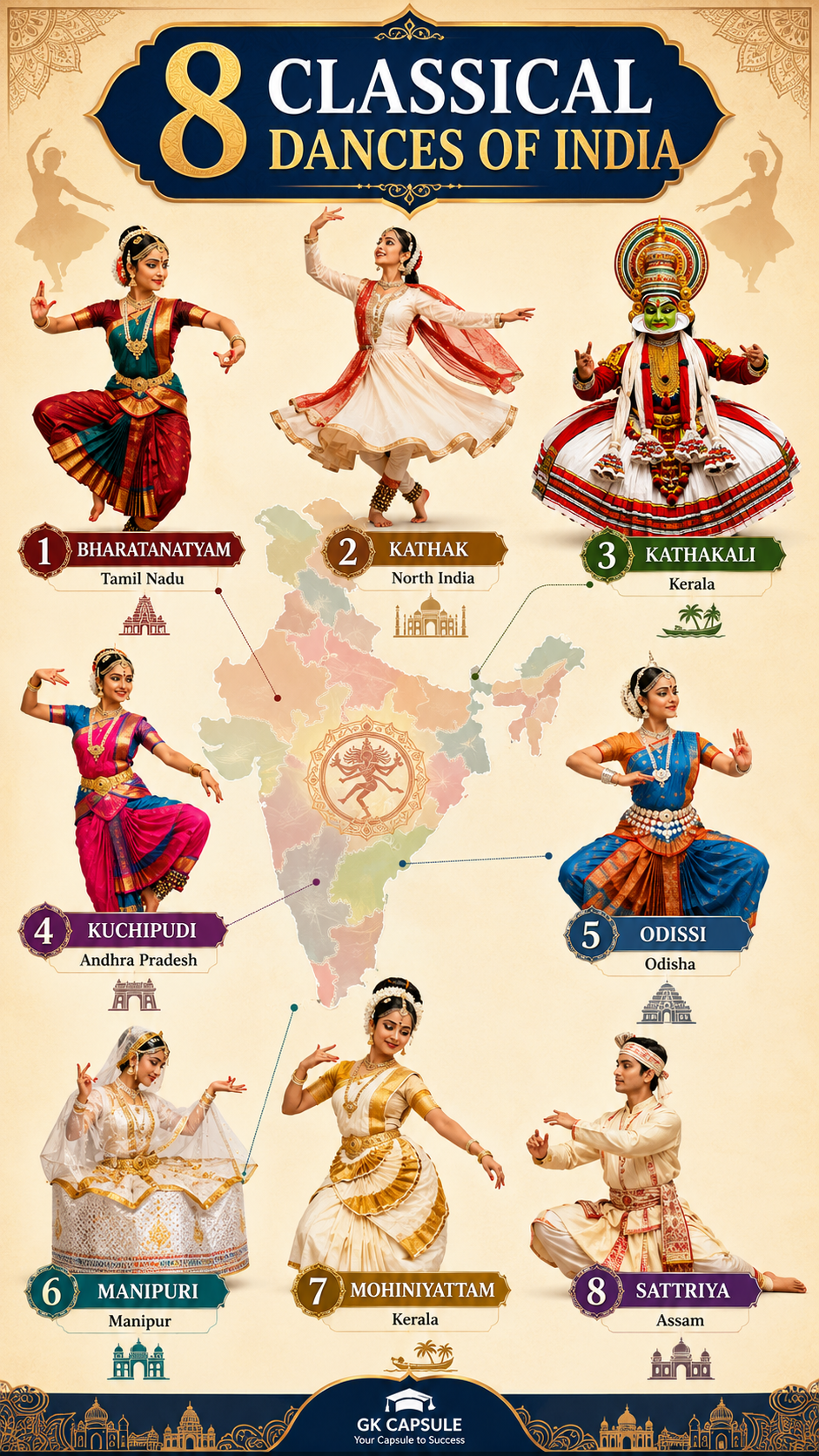Classical Dances of India Infographic Chart - 8 Classical Dance Forms, States, Features & GK Guide