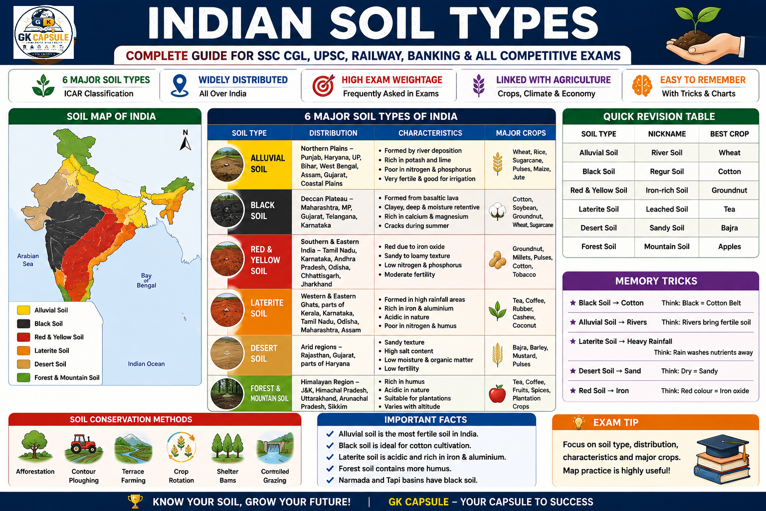 Indian Soil Types Infographic Guide - Alluvial, Black, Red, Laterite, Desert & Forest Soil distribution & crops